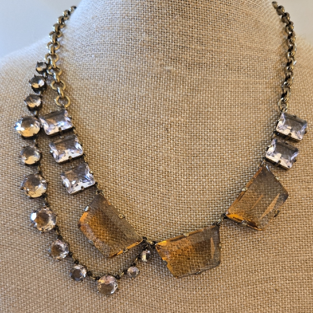Vintage J.Crew Brass Tone Pink And Orange Asymmetric Glass Necklace.